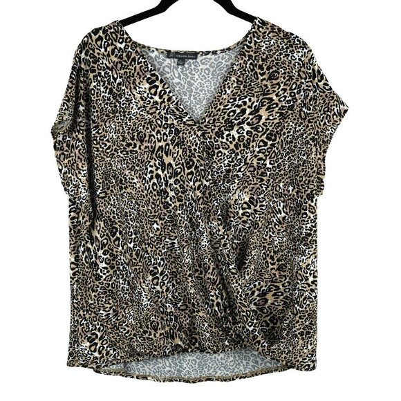 Adrianna Papell Womens Leopard Print V-Neck Blouse Size L - Picture 1 of 6